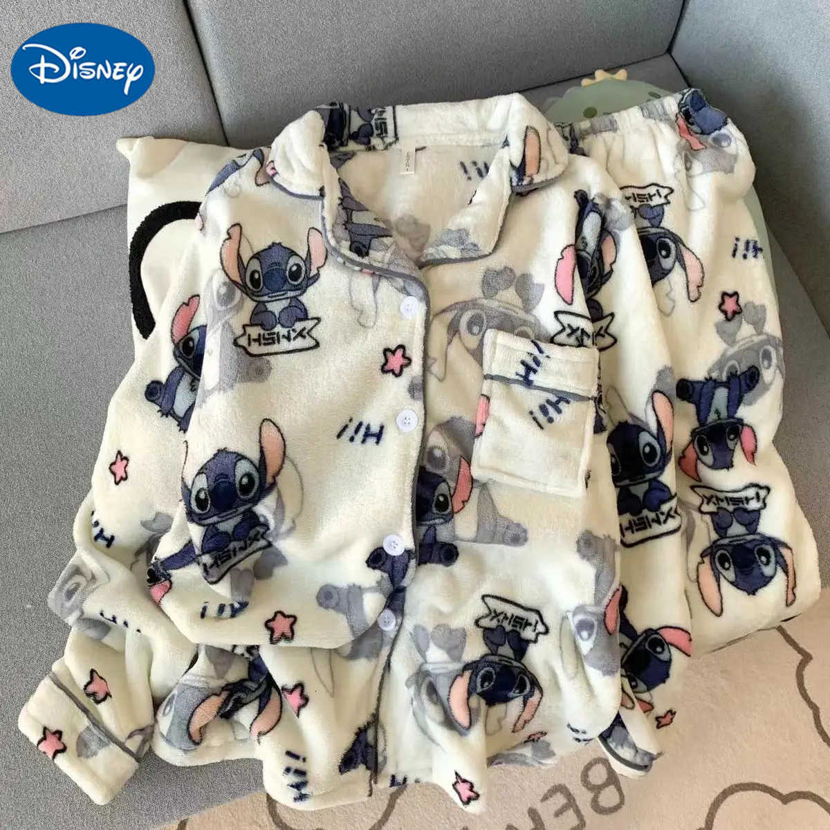 Disney New Stitchthemed Plush Fluffy Sleepwear Pajamas Womens Autumn and Winter Flannel Thickened and Velvet Home Casual 2 Pcs Set H250926