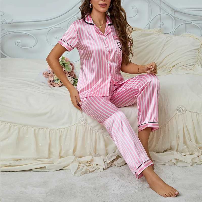 Women Satin Striped Print Pajama Sets Victorian Style Autumn Sleep Tops With Pants Pajamas Sets Comfortable Sleepwear Loungewear Z250925