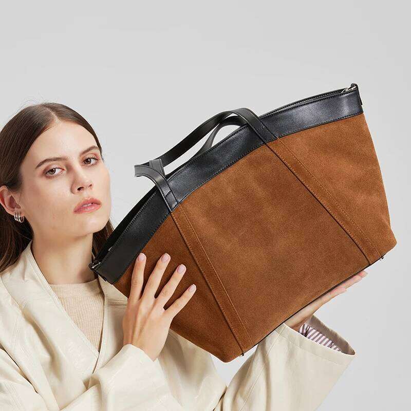 Winter Women's Natural Suede Bags Ladies Soft Genuine Cowhide Leather Crossbody Spliced Bat Bag Large Capacity Handbag Suotong2509