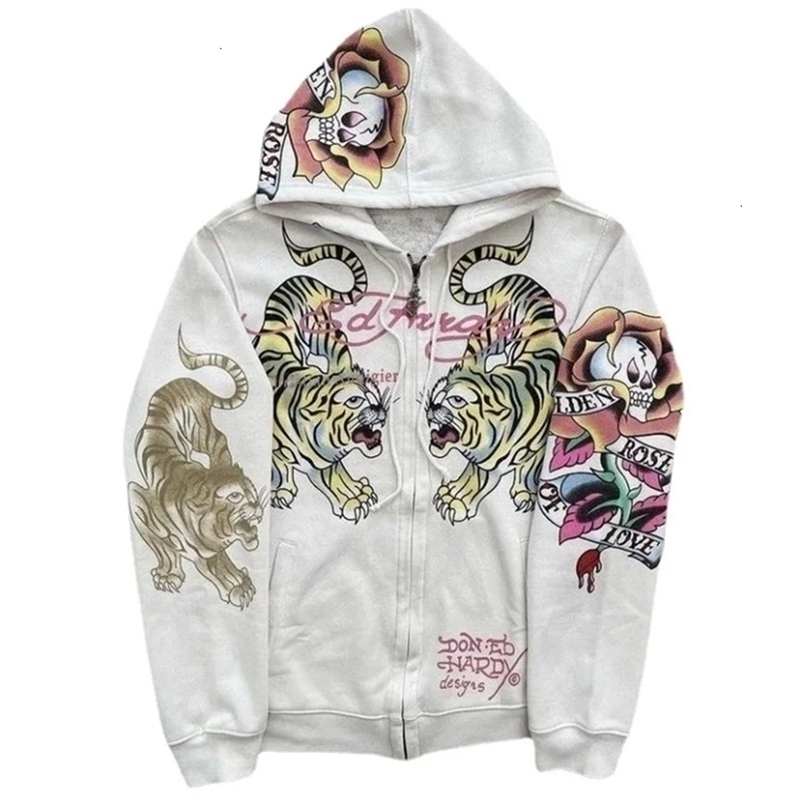American retro hooded sweater for men and women couple models skull lazy wind print hooded long-sleeved zipper hooded sweater 240821