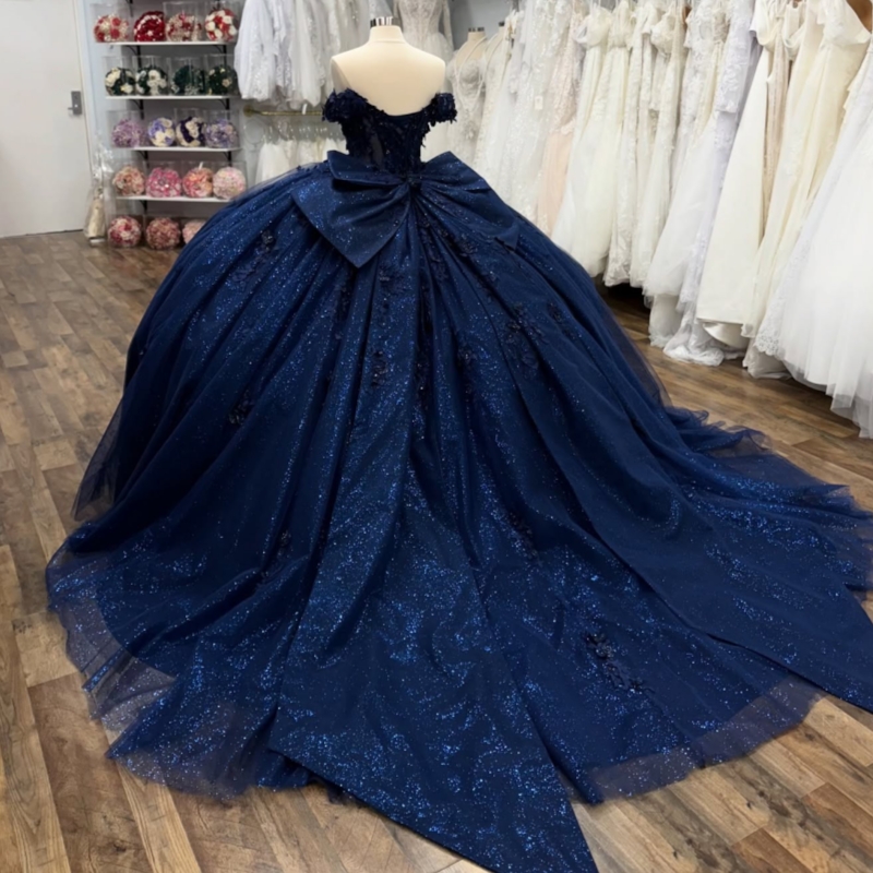 Navy Blue Shiny Quinceanera Dresses Off The Shoulder Applique Lace Beads Bow Corset Tull Party Birthday Sweet 16 Dress Vestidos 15 De Anos