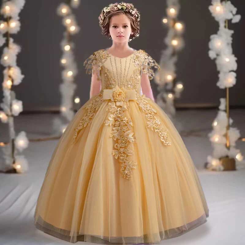 Lace up Tulle Flower Girl Dress Chest with flowers First Communion Ball Gown Wedding Party Bridesmaid Dress Kids 12Y Z250926