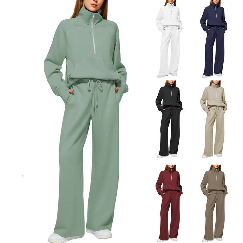 2025 European and American Style Women's Two-Piece Oversized Half-Zip Sweatshirt Wide-Leg Sweatpants Casual Set