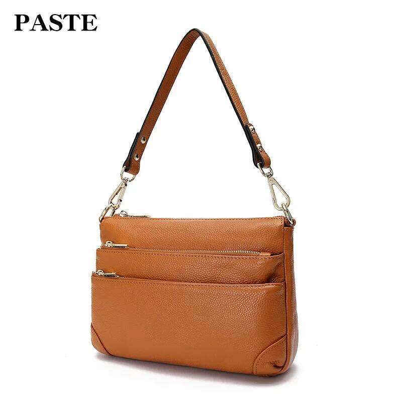 Spring Summer New Women's Genuine Leather Multi-zip Layered Single Shoulder Slant Crossbody Bag Trendy Handbag