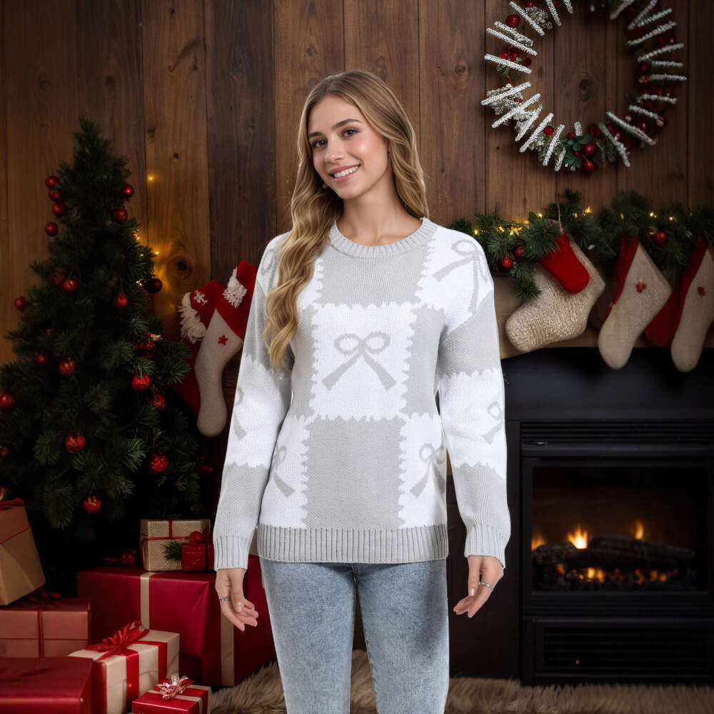 Autumn Winter New Christmas Women's Loose Knitted Sweater Checkered Bow Color-Block Pullover Top