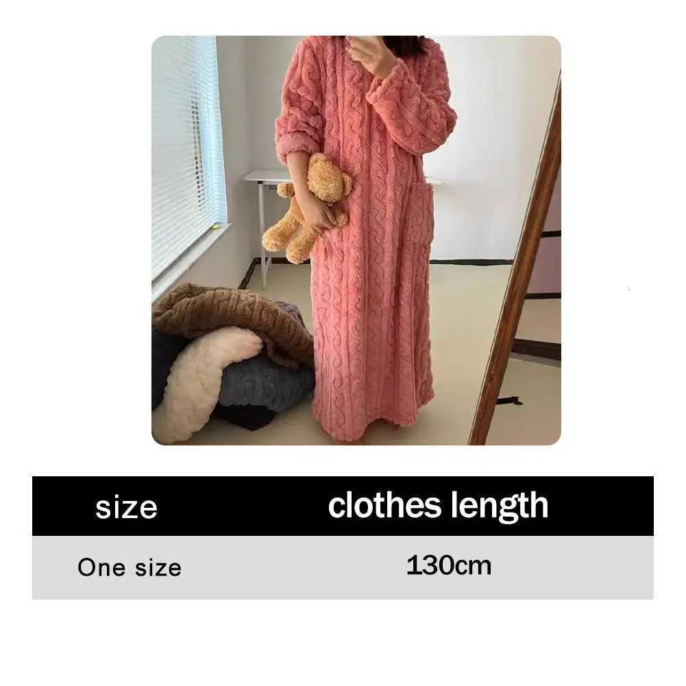 Winter Long Sleeve Flannel Nightgowns Women Loose Double Pocket Solid Sleepwear Jacquard Night Dress Thickened Warm Nightdress Z250925