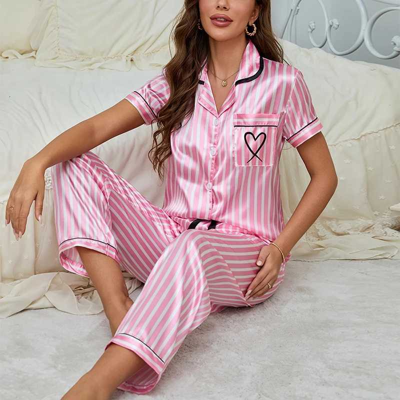 Women Satin Striped Print Pajama Sets Victorian Style Autumn Sleep Tops With Pants Pajamas Sets Comfortable Sleepwear Loungewear Z250925