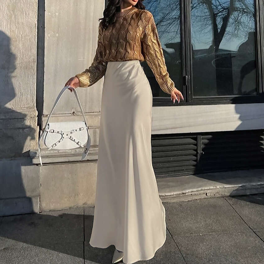 2025 Imitation Acetate Satin Midi Skirt for Women Autumn New Style Draped Slimming A-Line Long Skirt High-End Women's Fashion