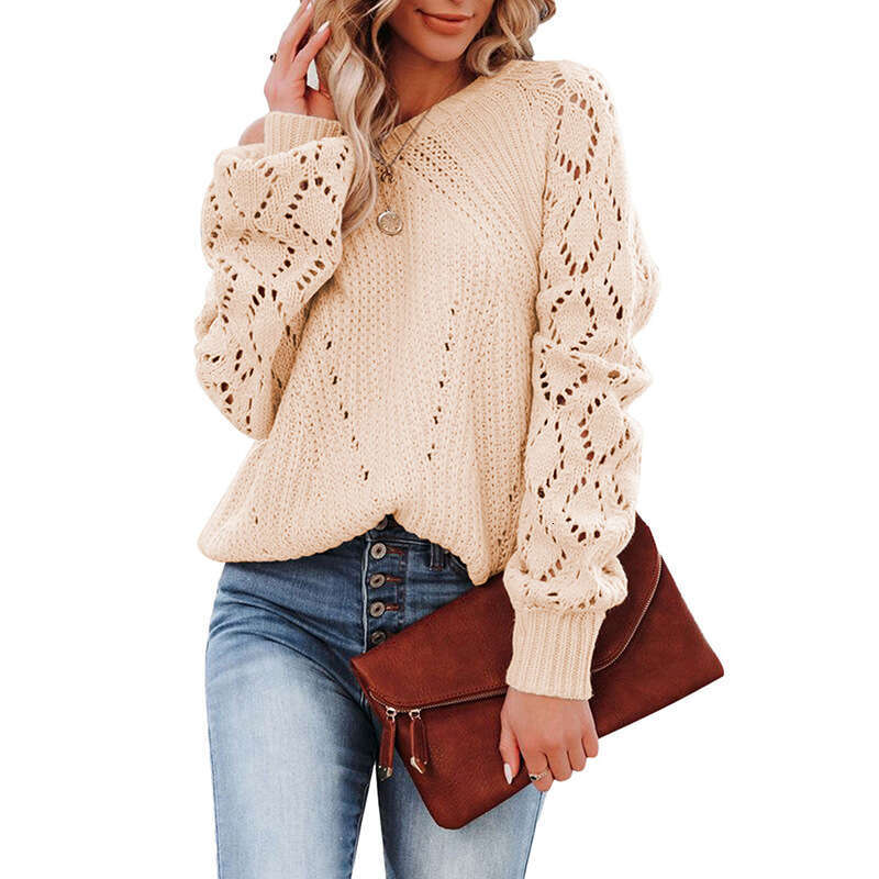 Autumn Winter New Hollow Pattern Knitted Sweater Round Neck Solid Color Loose Fashion Pullover