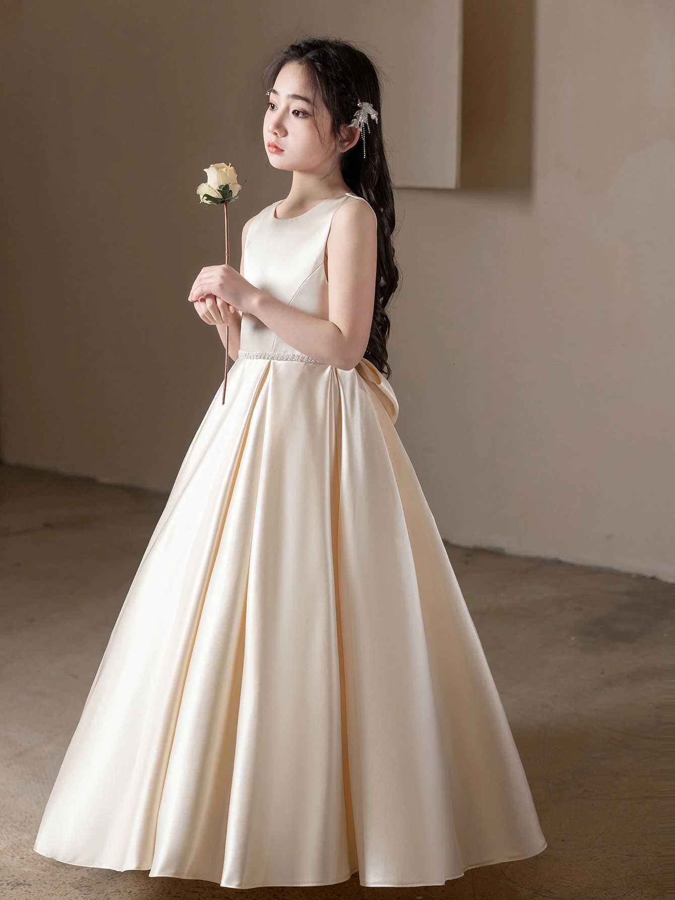 Highend Elegant Champagne Long Dress Large Bow Design for Teenagers Formal Occasions Birthday Party Wedding Bridesmaid Dress Z250926