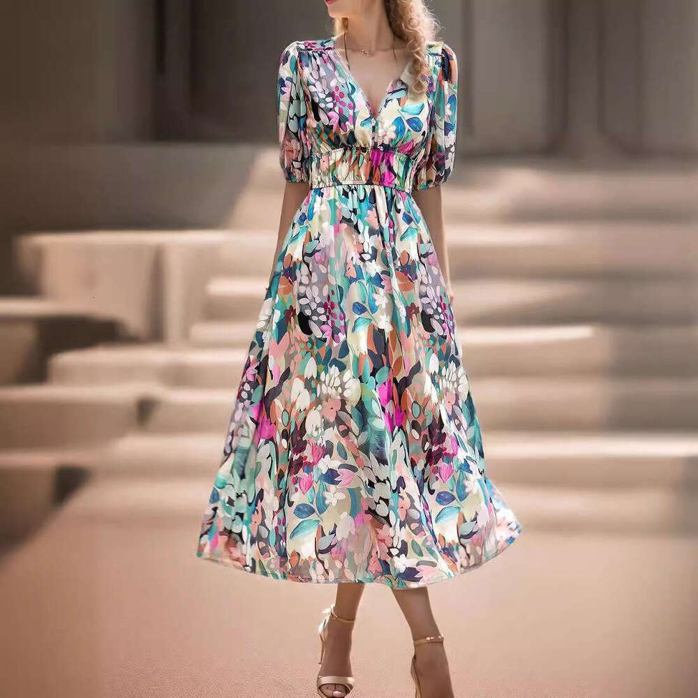 2025 Summer European and American Cross-Border Waist-Cinching Elegant V-Neck Printed Long Dress