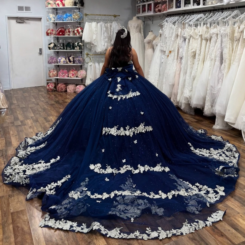 Navy Blue Shiny Quinceanera Dresses Spaghetti Strap Applique Lace Beading Corset Tull Party Birthday Sweet 16 Dress Vestidos 15 De Anos