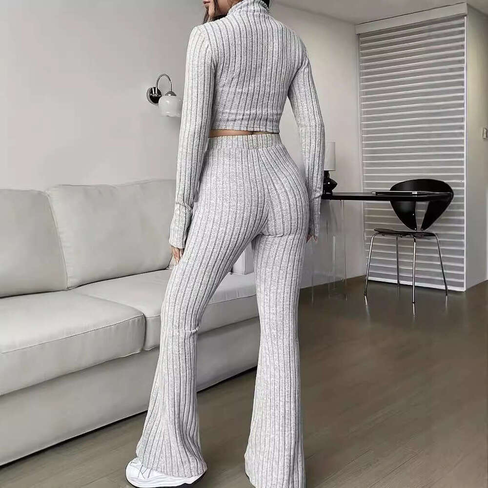 Fashion Solid Color Ribbed Two-Piece Zipper Long Sleeve Short Top and High Waist Flared Pants Set for Women Casual