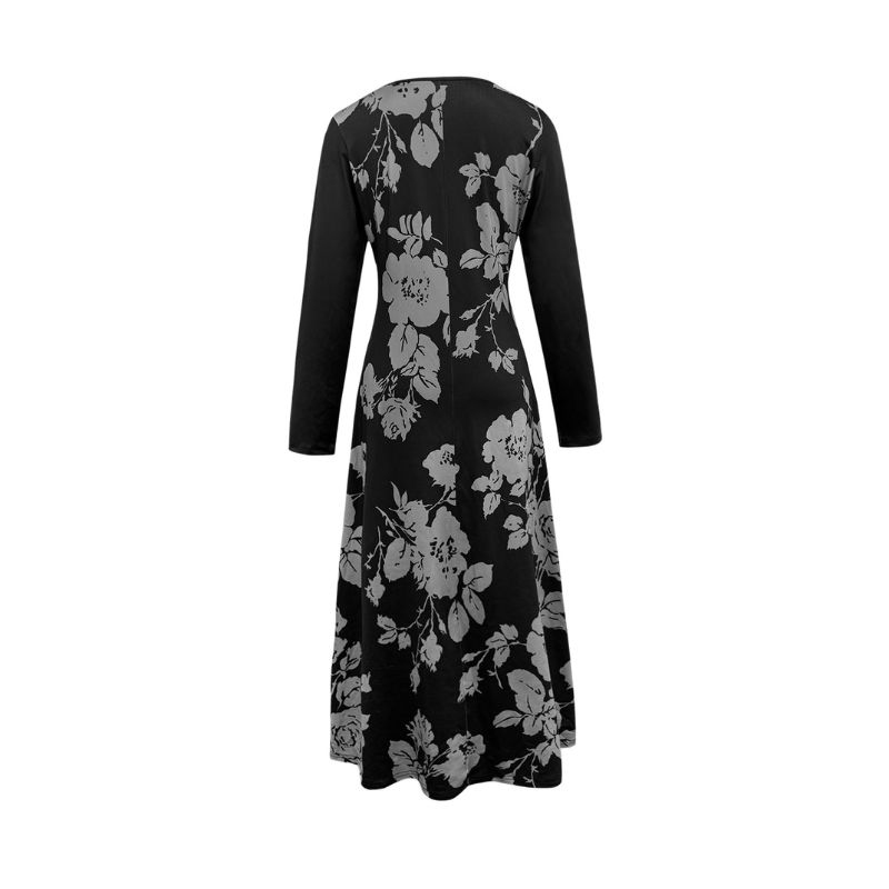 Women's Autumn Winter Elegant Retro Floral Patchwork Long - Sleeve High - Waist Maxi Dress Casual Dress-CF56272