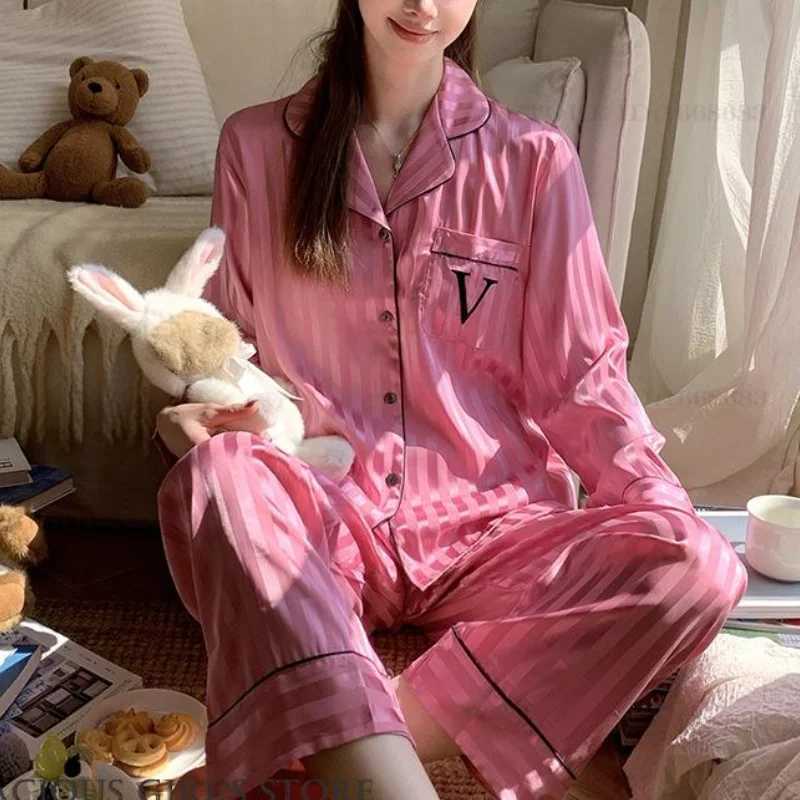 New Female Pajamas TwoPiece Set Loungewear Spring Autumn New Sleepwear Pyjama Pour Femme Hot Pink Satin Homewear Trouser Suits Z250925