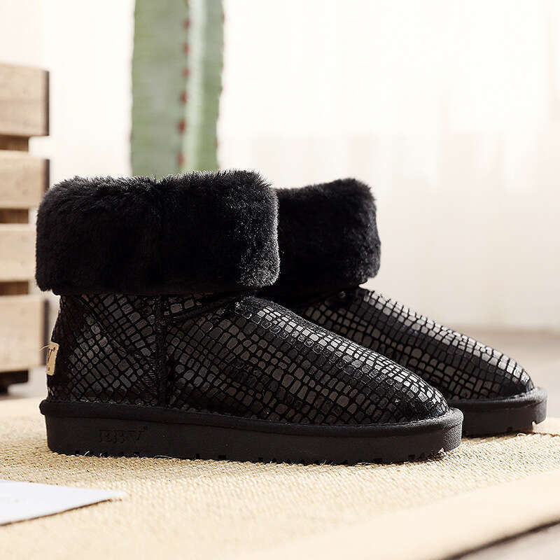 Snow Boots for Women, Mid-Calf, Waterproof, Non-Slip, Sheepskin, Warm, Fleece-Lined, Thickened, Loafers, Women's Cotton Shoes