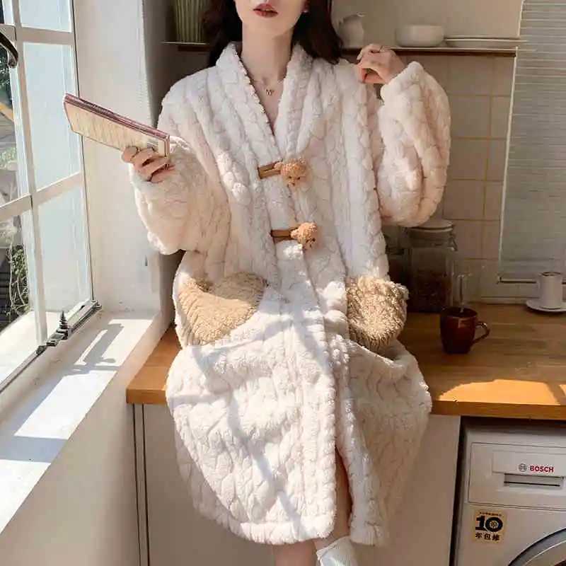 Warm Nightgown Flannel Robe Warm Bathrobe Womens Long Sleeve Pajamas Long Robes Thick Loungewear Flower Coral Fleece Cardigan Z250925