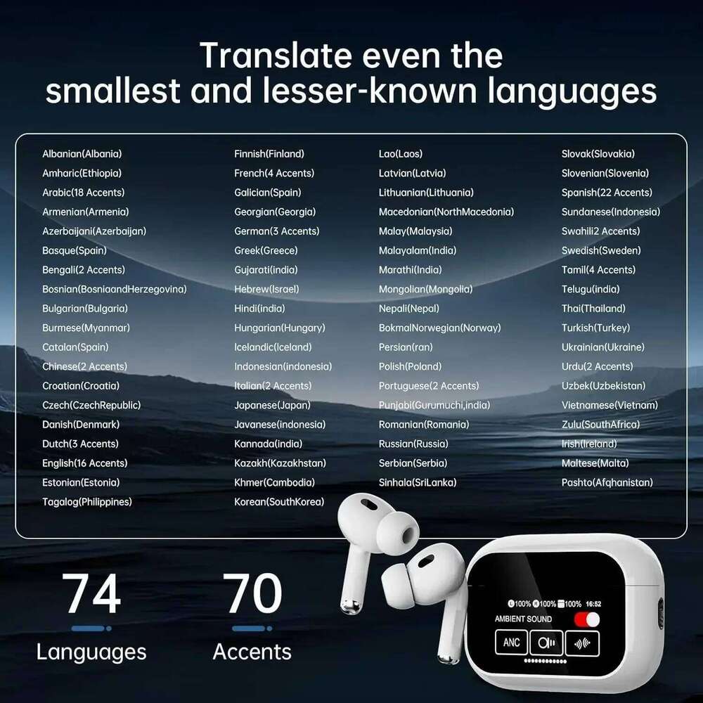 Intelligent Bluetooth earphones, wireless earphones, AI language translator, 144 language translation earphones with noise reduction function, suitabl