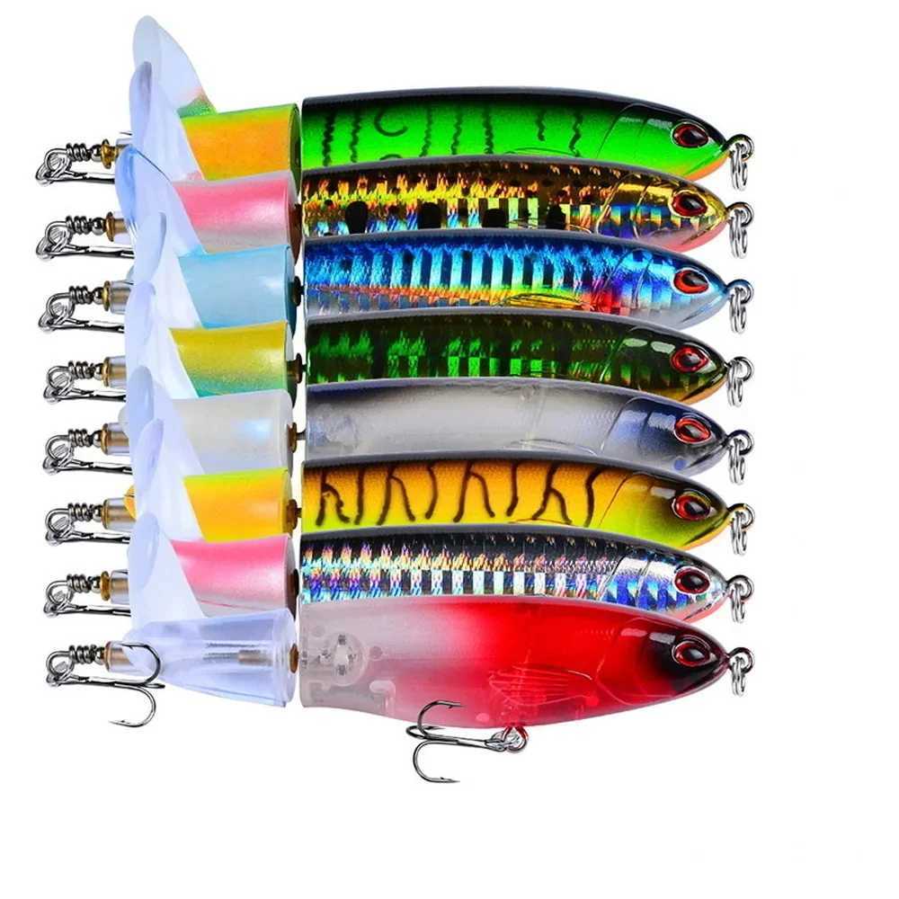1pcs 10cm 14cm Topwater Spinner Fishing Lure Popper Artificial Pencil Hard Bait pelr Rotating Tail Fishing Tack Swimbait W250926