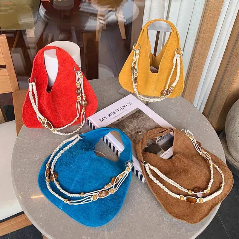 Brand Frosted Leather Handbag, Creative Beaded Strap Crossbody High-end Women's Shoulder Bag, Retro Wrist Bag Purse high-quality