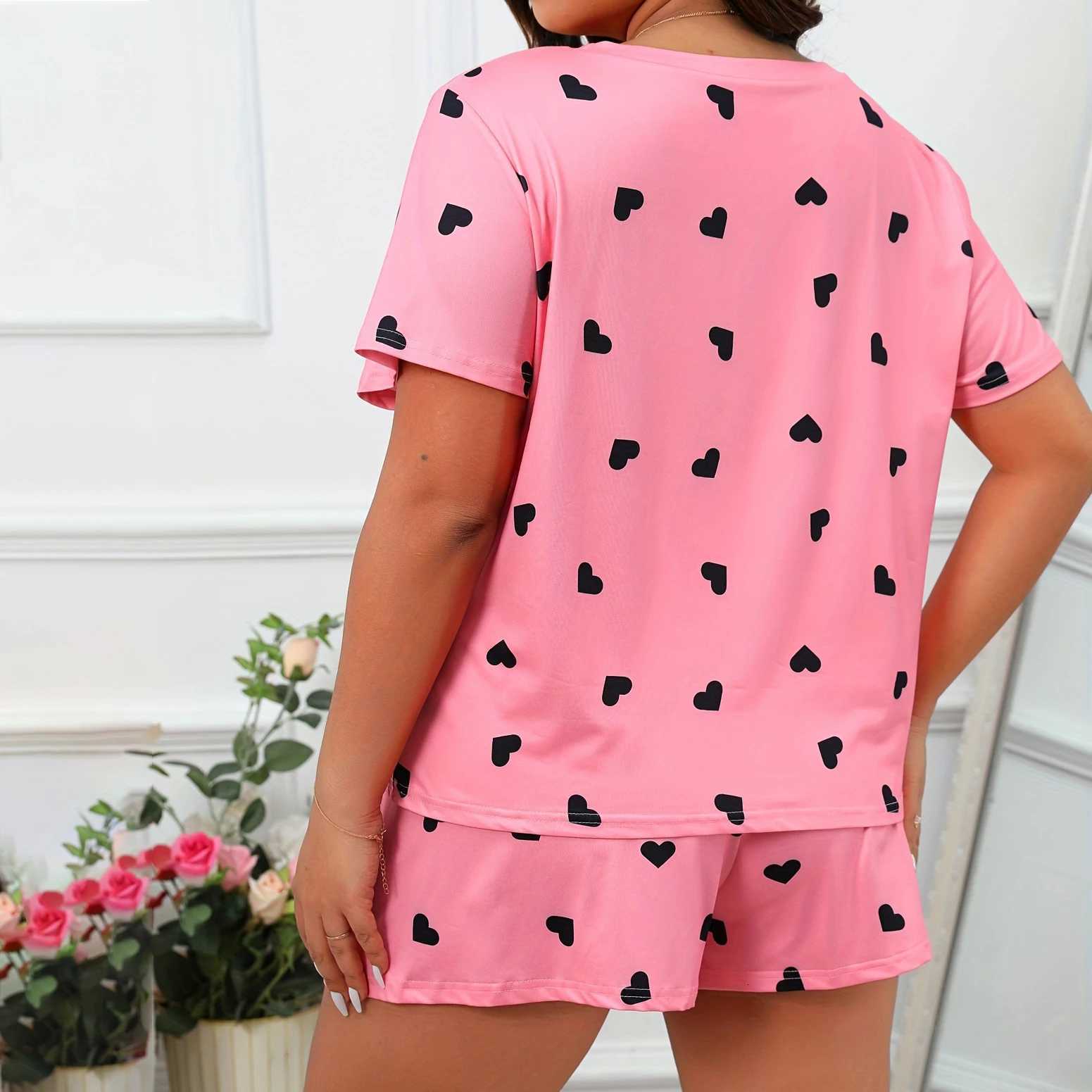 Plus Size XL5XL Oversized Sleepwear Round Neck Womens Pajamas Sets Short Sleeve TShirt Shorts Pink Heart Print Loungwear 2PC Z250925