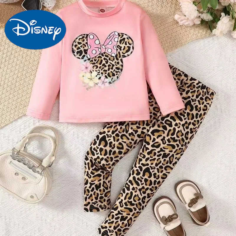 Disney Autumn Baby Girl Clothes Set Children Girl Minnie Printing Top and Leopard Print Pants Bottom 2 Pcs Suit Cotton Tracksuit H250926