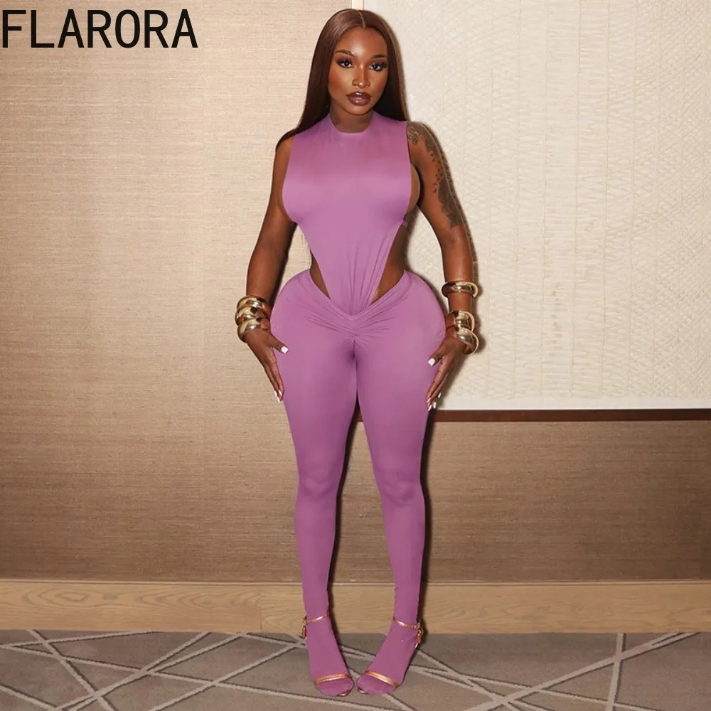 FLARORA Sexy Hollow Out Backless 2 Piece Set Woman Round Neck Sleeveless Fold Bodysuits And Skinny Pants Outfits Party Clubwear 250922