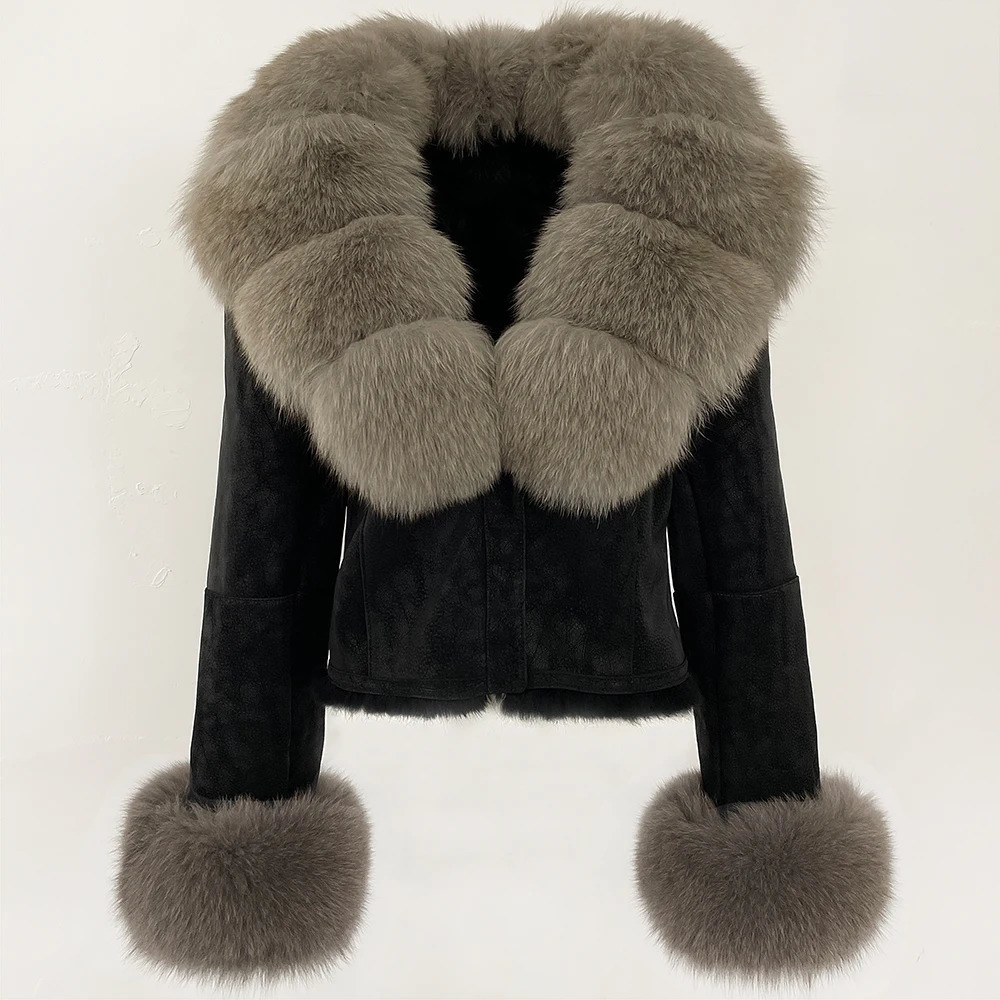 MENINA Fashion Short Autumn Winter Fur Clothing Real Rabbit Fur Liner Suede Jacket Women Natural Fox Fur Collar Coat Female 250917