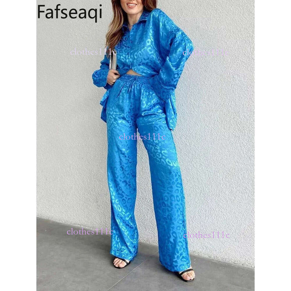 White Satin Wide Leg Trousers Suit For Women Spring Office Leopard Print Two-Piece Set Home Tracksuit Womens Pamas Sets 240415