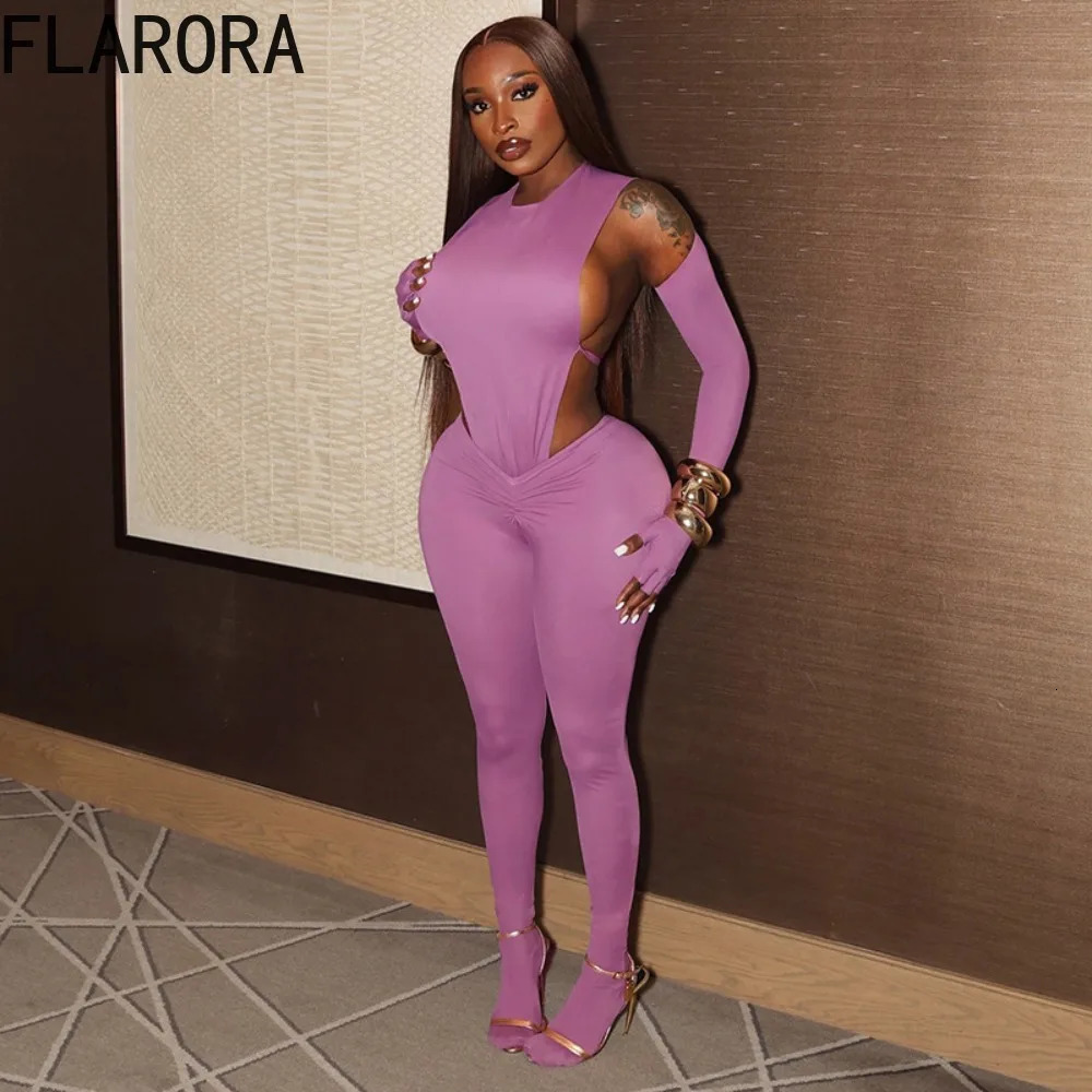 FLARORA Sexy Hollow Out Backless 2 Piece Set Woman Round Neck Sleeveless Fold Bodysuits And Skinny Pants Outfits Party Clubwear 250922
