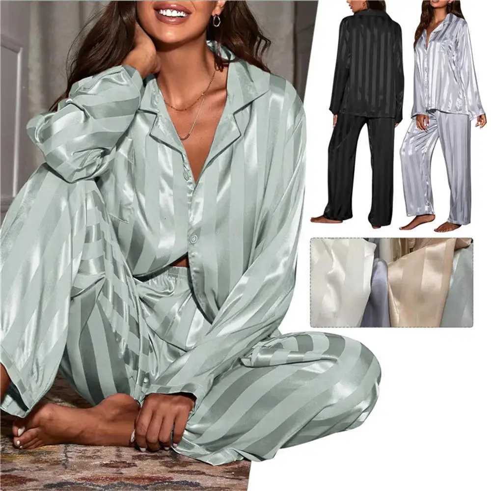 Womens Summer Striped Pajama Set Long Sleeve Top Trousers Silk Satin Home Suit Spring Loose Casual Sleepwear Female Nightwear Z250925