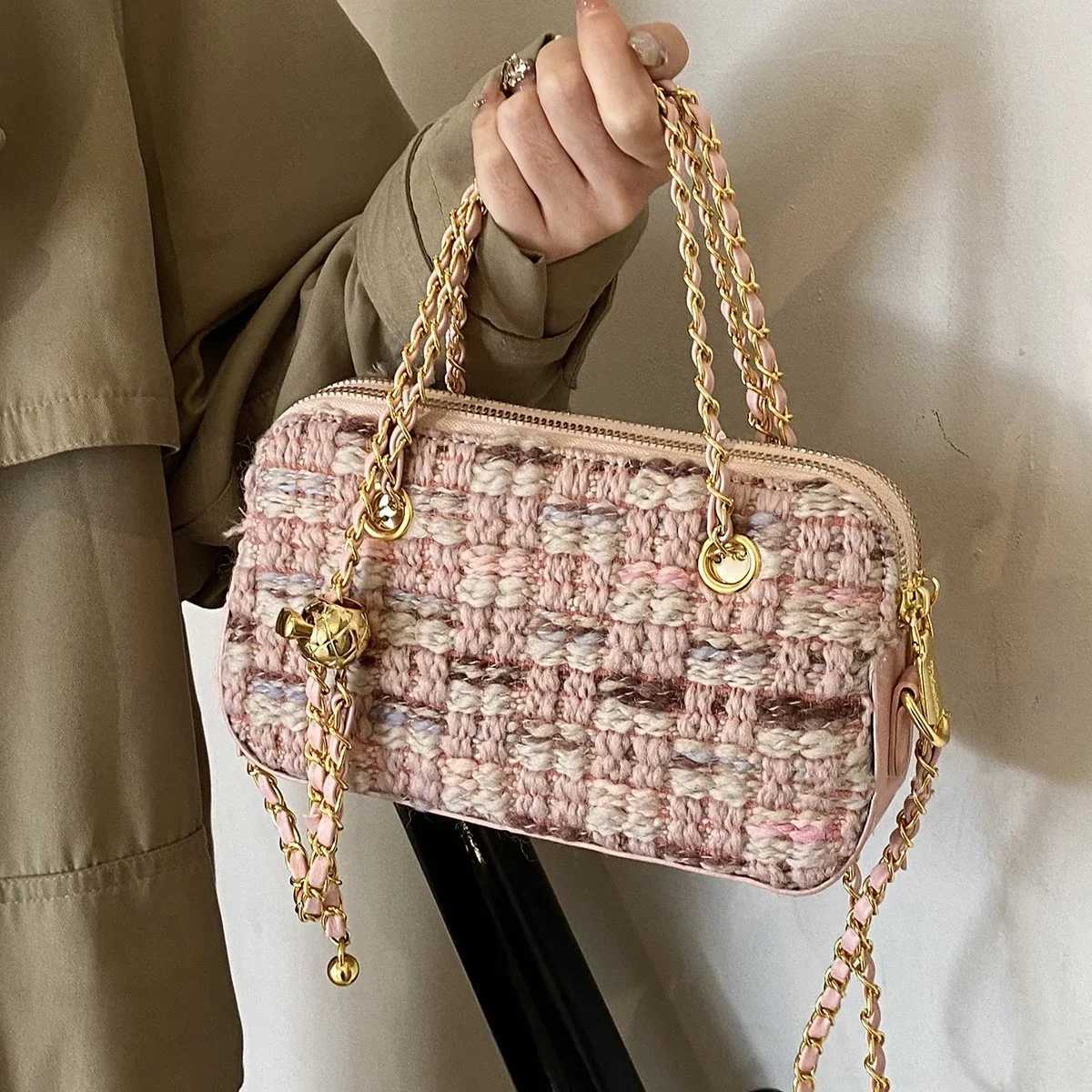 Elegant Women Pink Tweed Shoulder Bag Contrast Color Soft Crossbody Chain Bags Large Capacity Female Allmatch Evening Packs Z250926