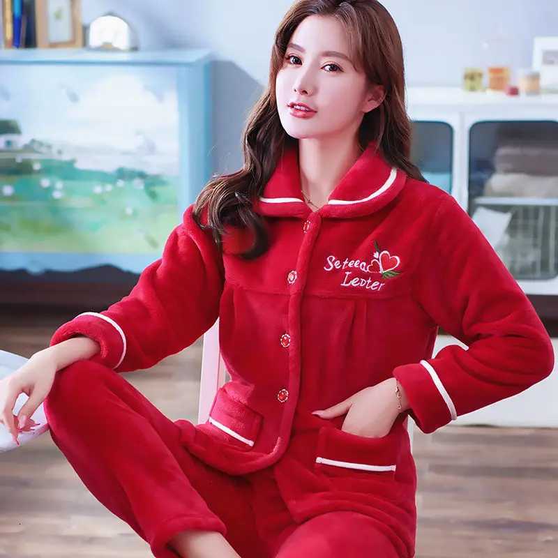 Autumn Winter Thicken Flannel Women Pajamas Set Twopiece suit Warm Loose Longsleeve Female Casual Home service Singlebreasted Z250925