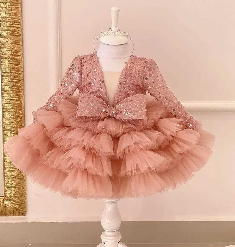 Luxurious Orange Baby Girls Dresses Layers Tulle Tiered Infant Girls Birthday Party Gown Christmas New Year Dress Gift 111Years Z250926