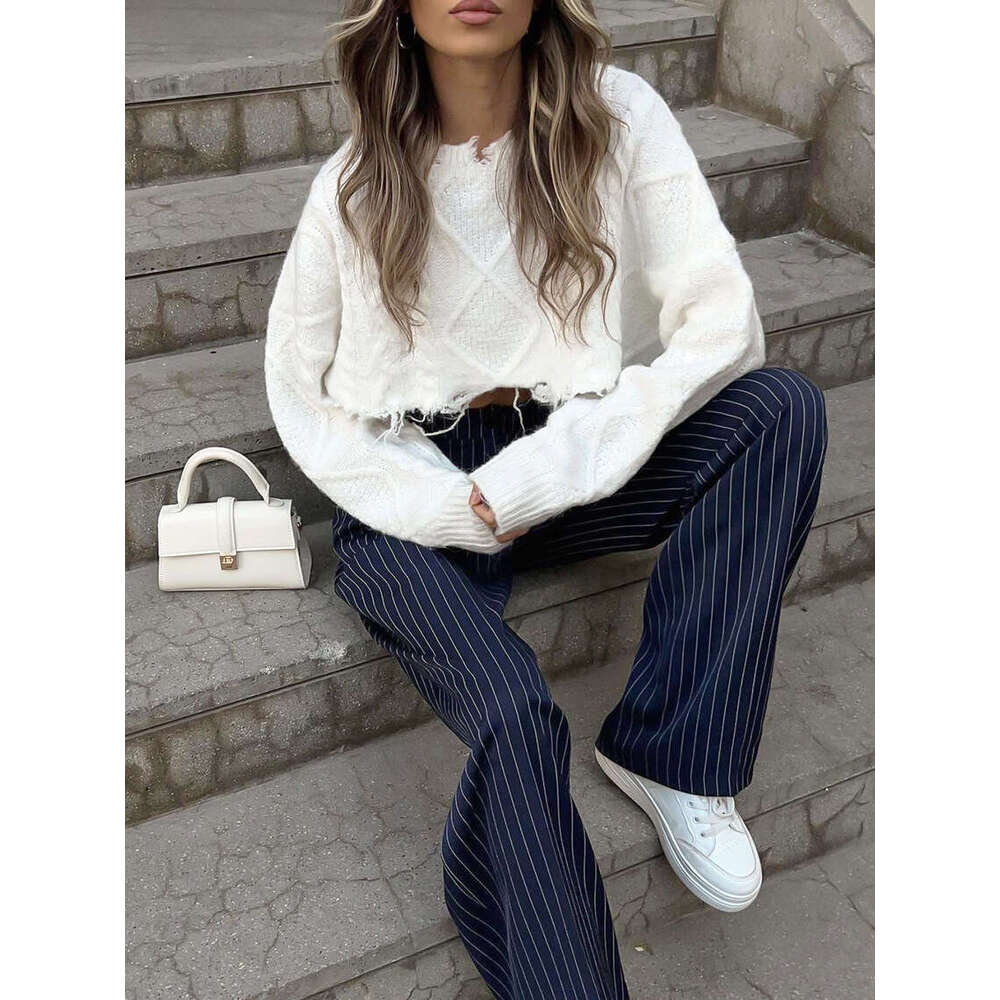 Navy Blue Striped Wide-Leg for Women 2025 Autumn Winter New Design Casual Trousers Draped Long Pants Women's Fashion