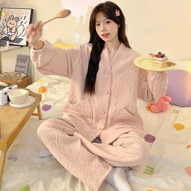 Thickened Warm Womens AutumnWinter Pajama Set VNeck Cotton Fleece Material Casual Home Clothes Student Long Sleeve Design Z250925