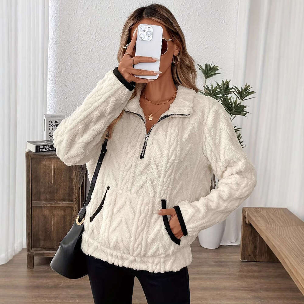 Cross-Border Autumn Winter New European American Lapel Small Fragrance Style Lamb Wool Short Sweatshirt S8070