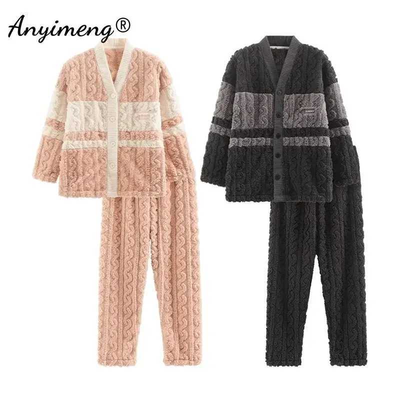 New Winter Thick Pajamas Set for Couple Korean Teddy Jacquard Vneck Sleepwear for Man and Women Kimono Velvet Pjs for Lovers Z250925