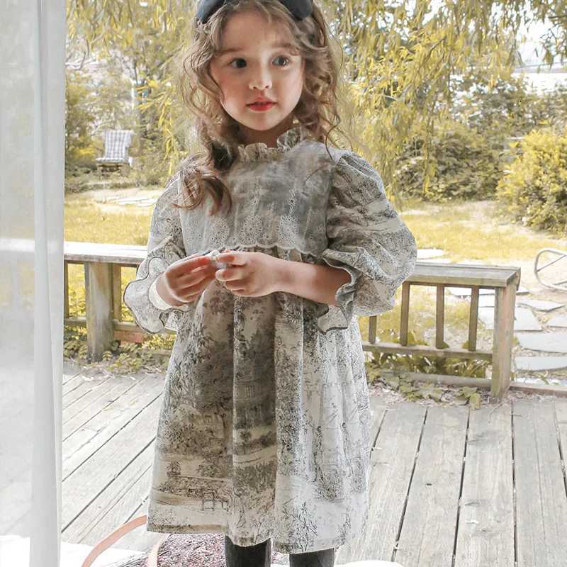 Autumn Infant Baby Girl Dress Ins Korean Bubble Sleeve Roundneck Toddler Kids Girls Dress Watercolor Painting 28Y Girls Dress Z250926