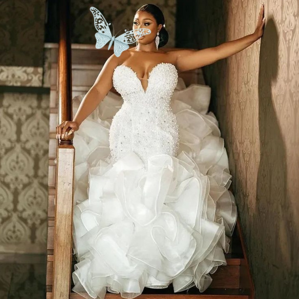 Arabic Dubai Sweetheart Neck Mermaid Wedding Dresses Ruffles Princess Pearls Beading White Bridal Gowns Pleat Wedding Gowns for Brides Vestidos De Noi