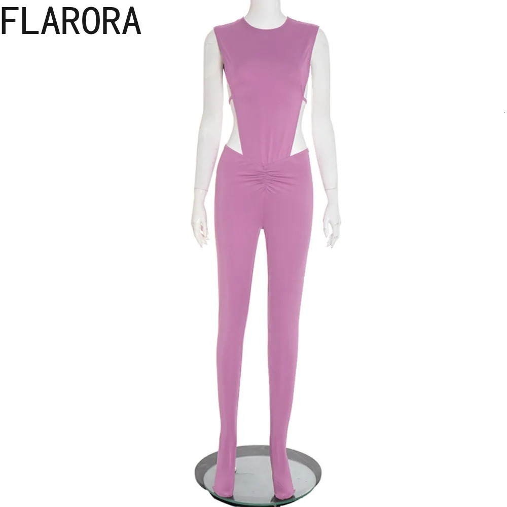 FLARORA Sexy Hollow Out Backless 2 Piece Set Woman Round Neck Sleeveless Fold Bodysuits And Skinny Pants Outfits Party Clubwear 250922