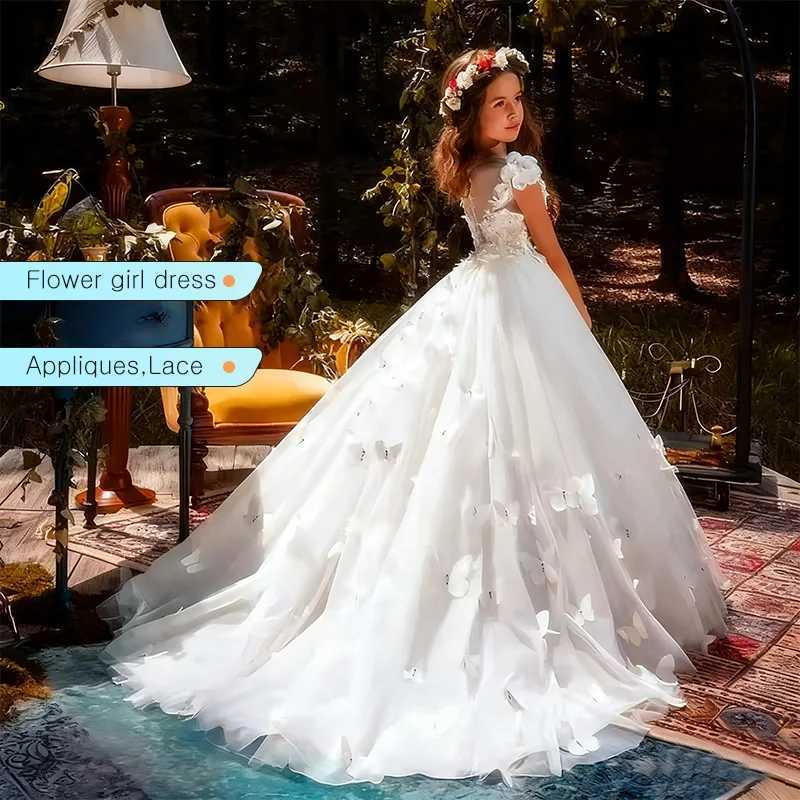 Elegant White Flower Girl Dresses For Wedding Tulle Butterfly 3d Applique Kids Birthday Party Pageant Dress First Communion Gown Z250926