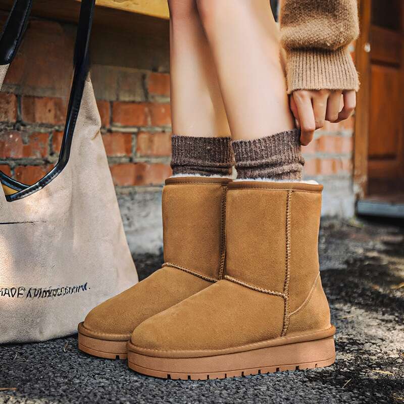 Sheepskin Thick-Soled Snow Boots for Women, Mid-Calf, Warm Fleece-Lined 2024 Winter New Cotton Shoes