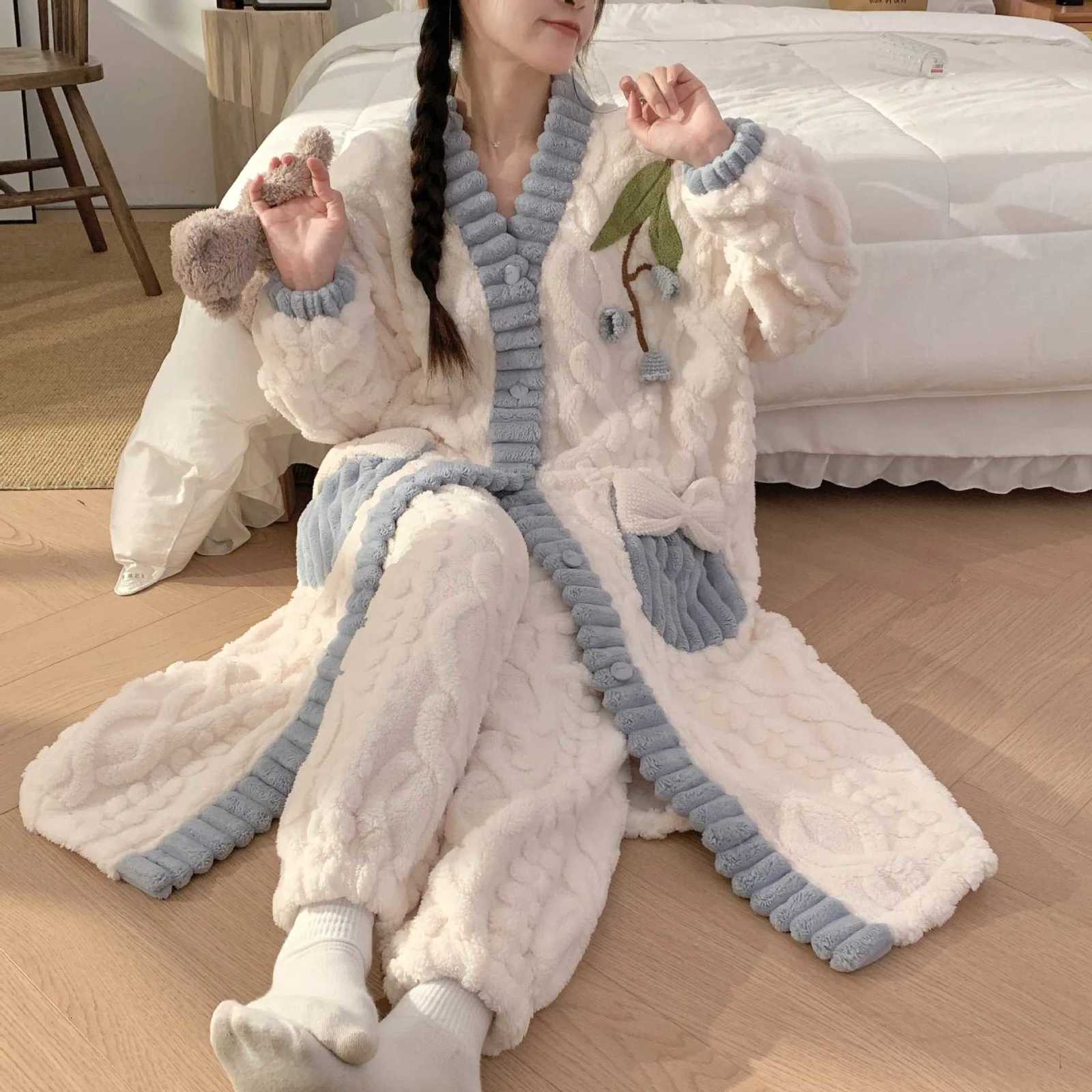 Girls Plus Size Robes With Pants Flannel Sleepwear Womens MidLength Home Clothes Flower Warm Style Autumn Winter Loungewear Z250925