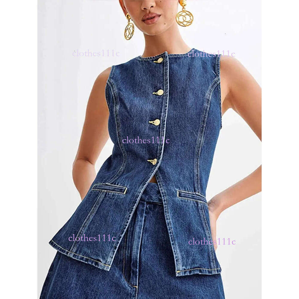 Denim 2 Pieces Sets Women Fashion Slim O-Neck Sleeveless Single Breasted Vest Wide Leg Shorts Summer Y2k Lady Outfit 240614