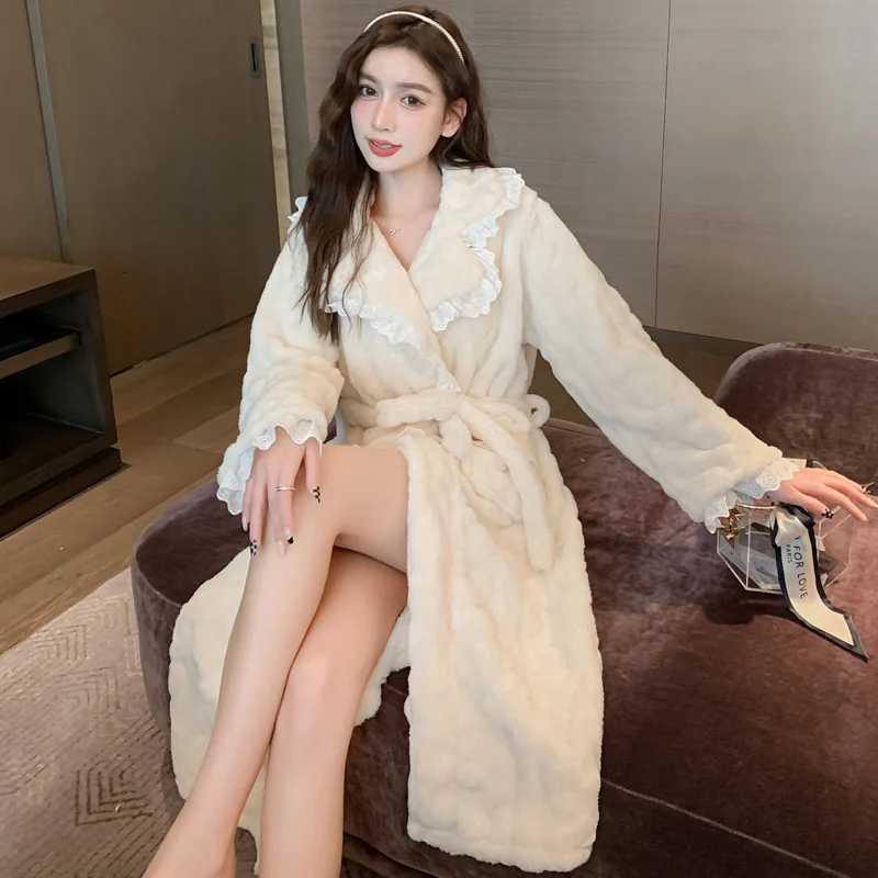 2023 New Autumn Winter Nightgown Women Sweet Sexy Coral Fleece Thickened Long Pajamas Warm Bathrobe Home Wear Z250925