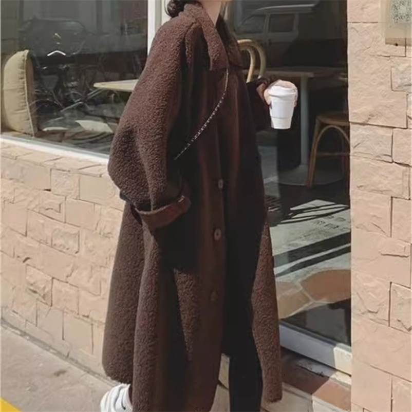 Temperament Lamb Wool Coat Womens Winter Fat Sister British Style Lazy Over Knee Loose Long Wool Coat Solid Color 240820