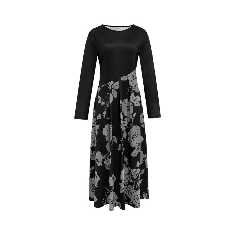 Women's Autumn Winter Elegant Retro Floral Patchwork Long - Sleeve High - Waist Maxi Dress Casual Dress-CF56272