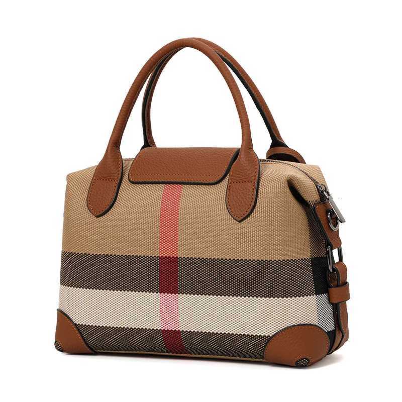 Aidran Exquisite womens bag Boston bag with canvas and leather stitchingRetro plaid handbag for daily commute novelty of 2024W250926
