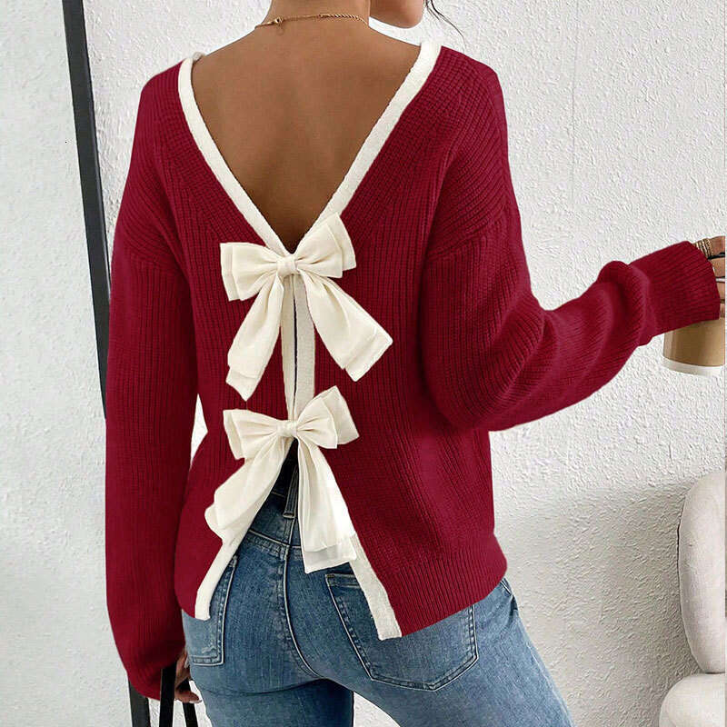Autumn and Winter New Sweater Women's fashion Back Bow Decoration Round Neck Pullover Knitwear